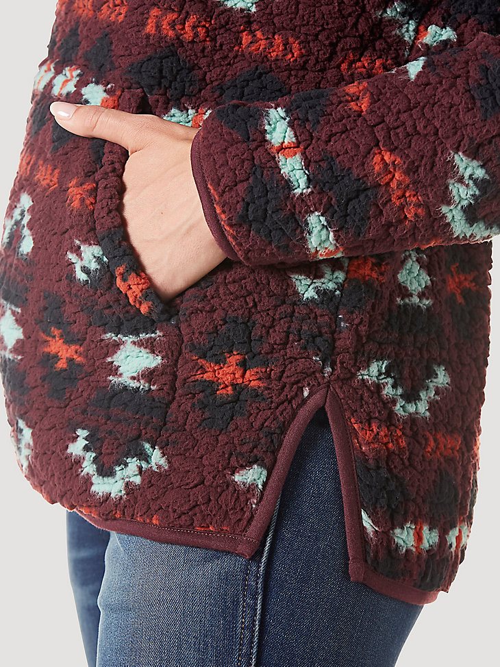 Women's Wrangler Retro Southwestern Print Quarter-Zip Sherpa Pullover in Wine Tasting