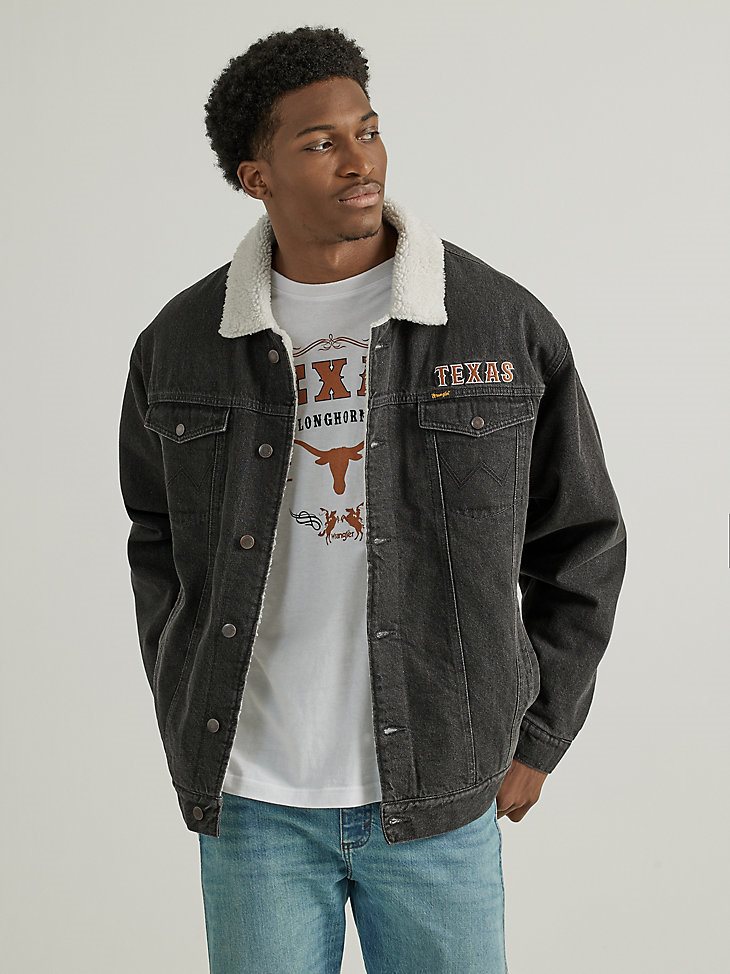Men's Wrangler Collegiate Sherpa Lined Denim Western Jacket in University of Texas