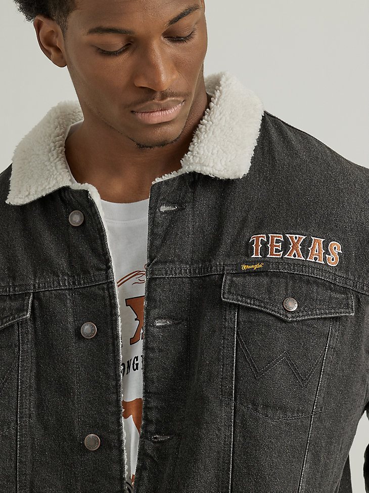 Men's Wrangler Collegiate Sherpa Lined Denim Western Jacket in University of Texas