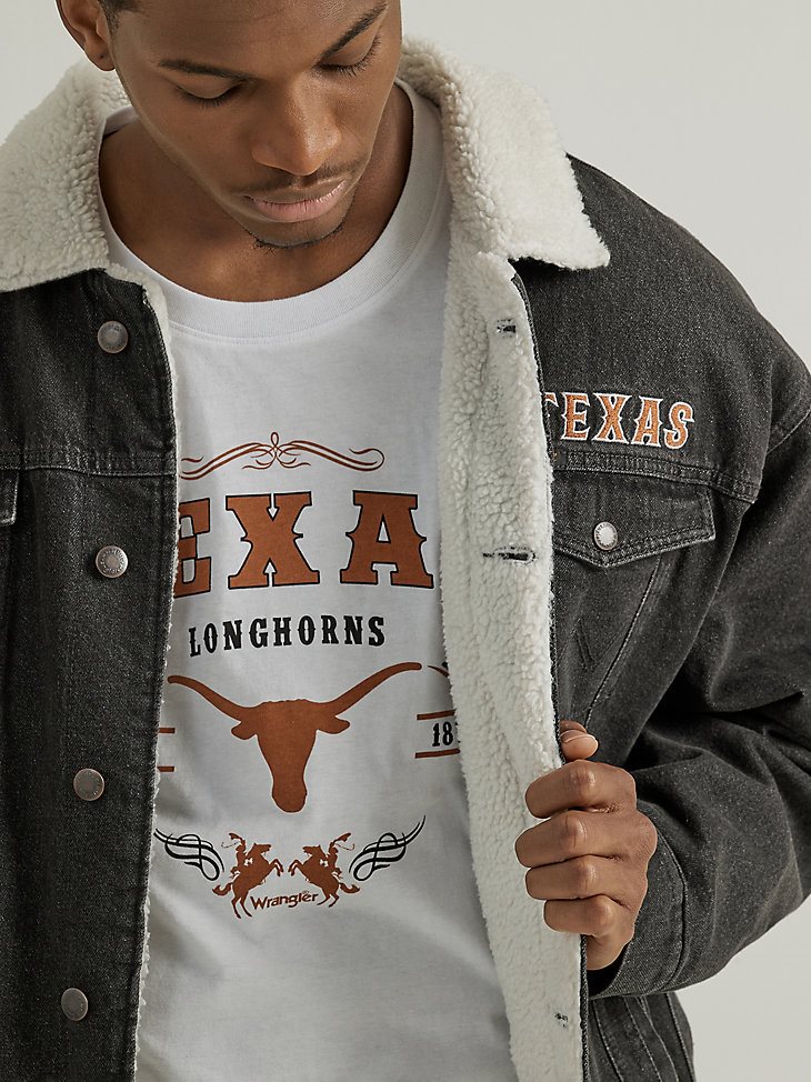 Men's Wrangler Collegiate Sherpa Lined Denim Western Jacket in University of Texas