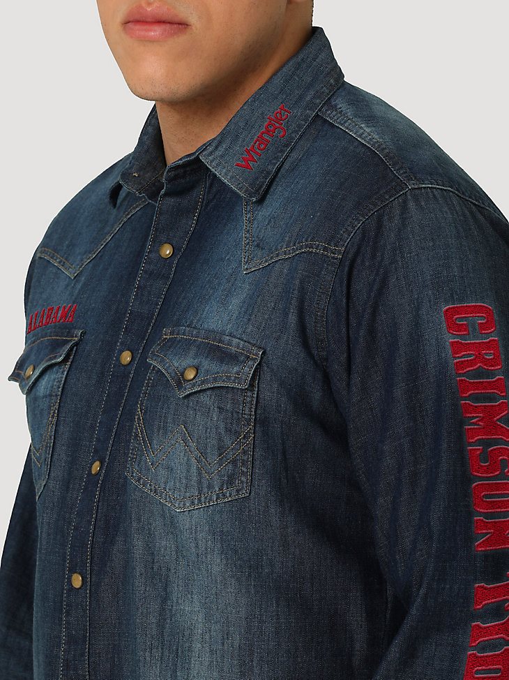 Men's Wrangler Collegiate Denim Western Snap Shirt in University of Alabama