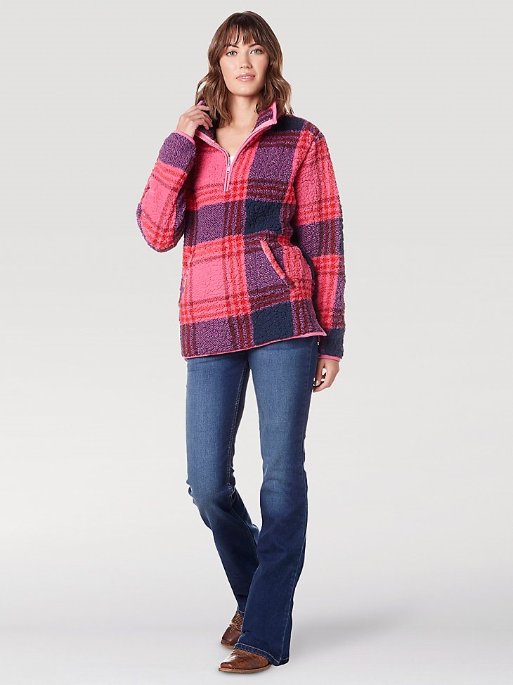 Women's Wrangler Retro Print Quarter-Zip Sherpa Pullover in Pink Purple