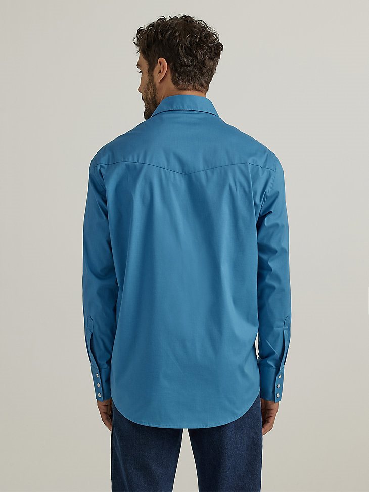 Men's Wrinkle Resist Long Sleeve Western Snap Solid Shirt in Aegean Blue