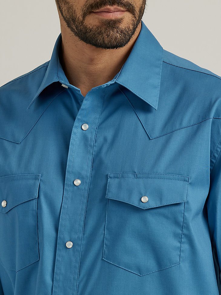 Men's Wrinkle Resist Long Sleeve Western Snap Solid Shirt in Aegean Blue