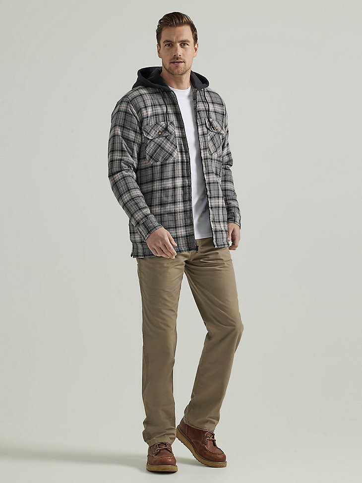 Wrangler RIGGS Workwear Long Sleeve Hooded Flannel Work Jacket in Grey Black