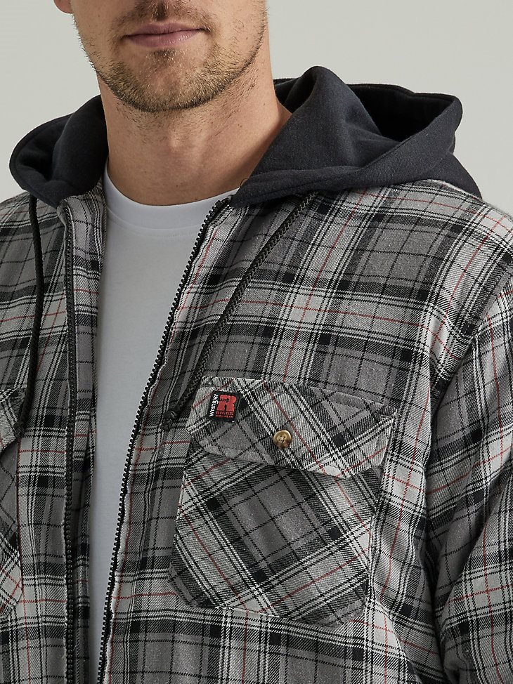 Wrangler RIGGS Workwear Long Sleeve Hooded Flannel Work Jacket in Grey Black