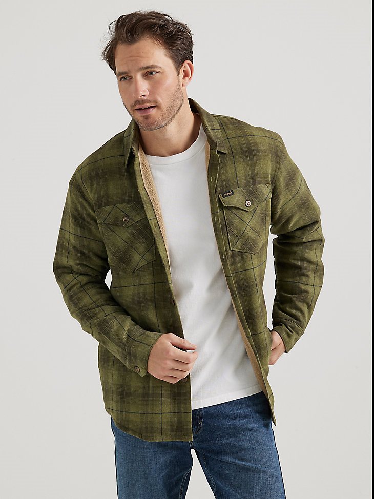 Men's Heavyweight Sherpa Lined Plaid Shirt Jacket in Rosin Green