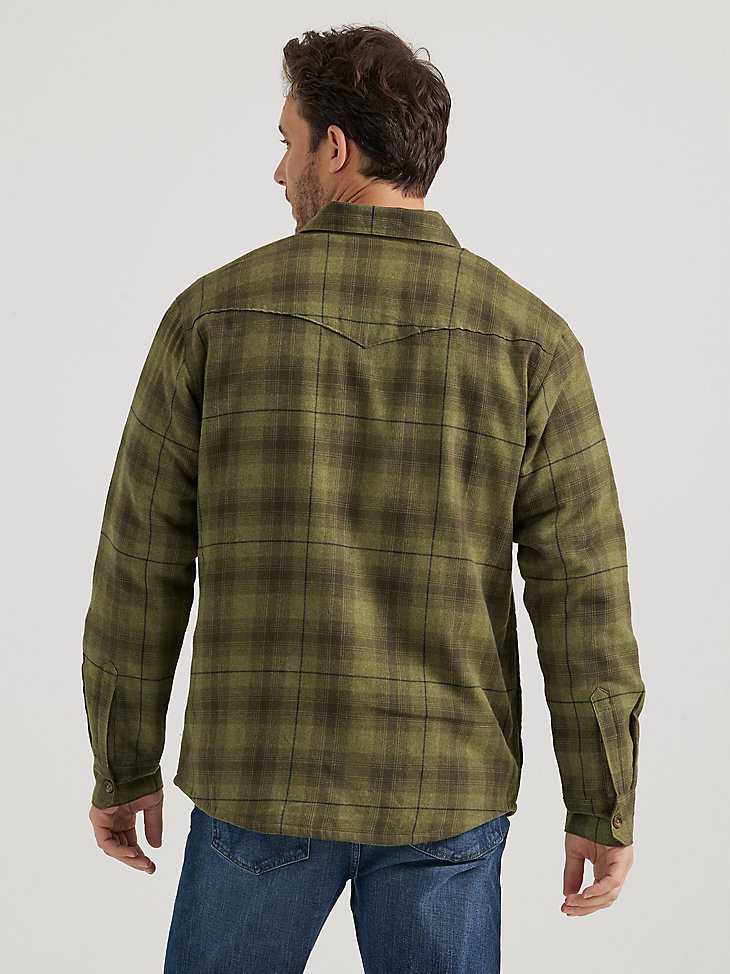 Men's Heavyweight Sherpa Lined Plaid Shirt Jacket in Rosin Green