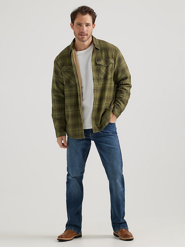 Men's Heavyweight Sherpa Lined Plaid Shirt Jacket in Rosin Green