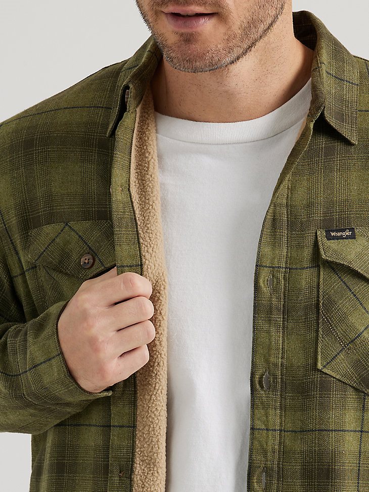 Men's Heavyweight Sherpa Lined Plaid Shirt Jacket in Rosin Green
