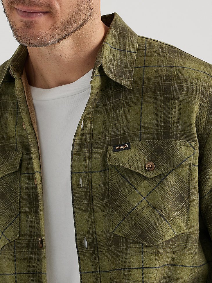 Men's Heavyweight Sherpa Lined Plaid Shirt Jacket in Rosin Green