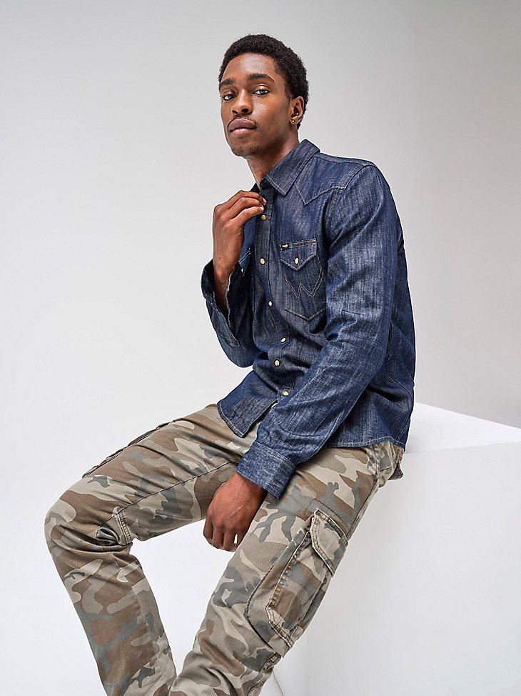 Men's Denim Western Snap Front Shirt in Rinse