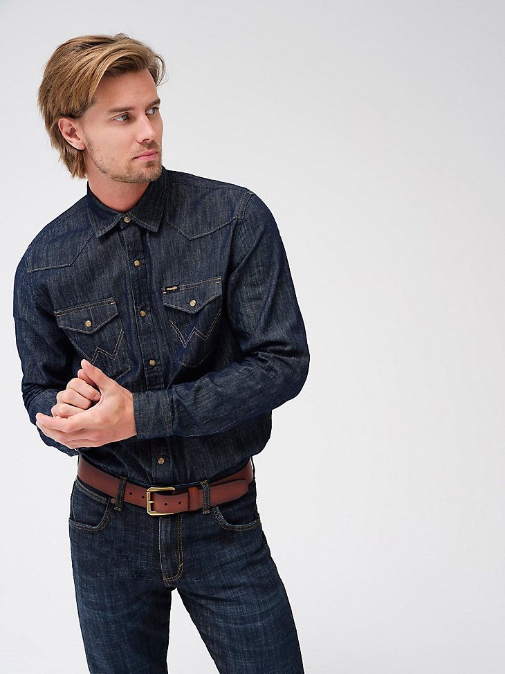Men's Denim Western Snap Front Shirt in Rinse