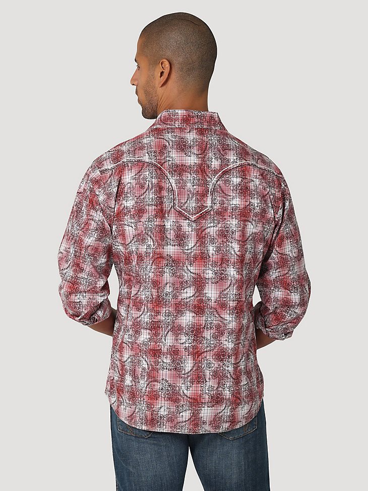 Men's Rock 47 by Wrangler Long Sleeve Western Snaps Overprint Shirt in Red Print