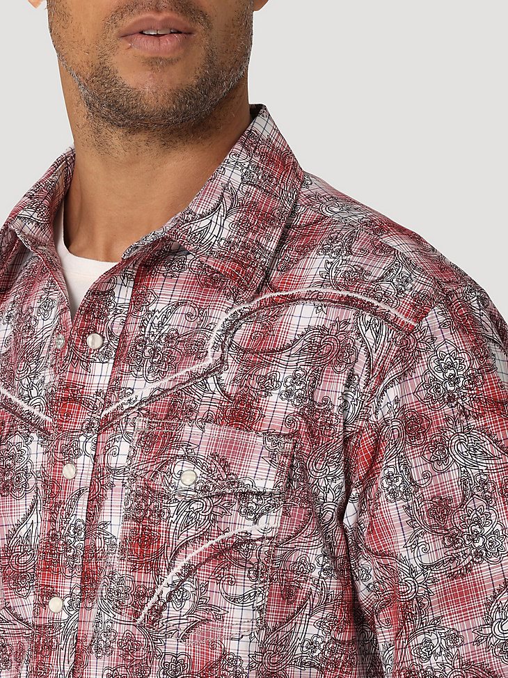 Men's Rock 47 by Wrangler Long Sleeve Western Snaps Overprint Shirt in Red Print