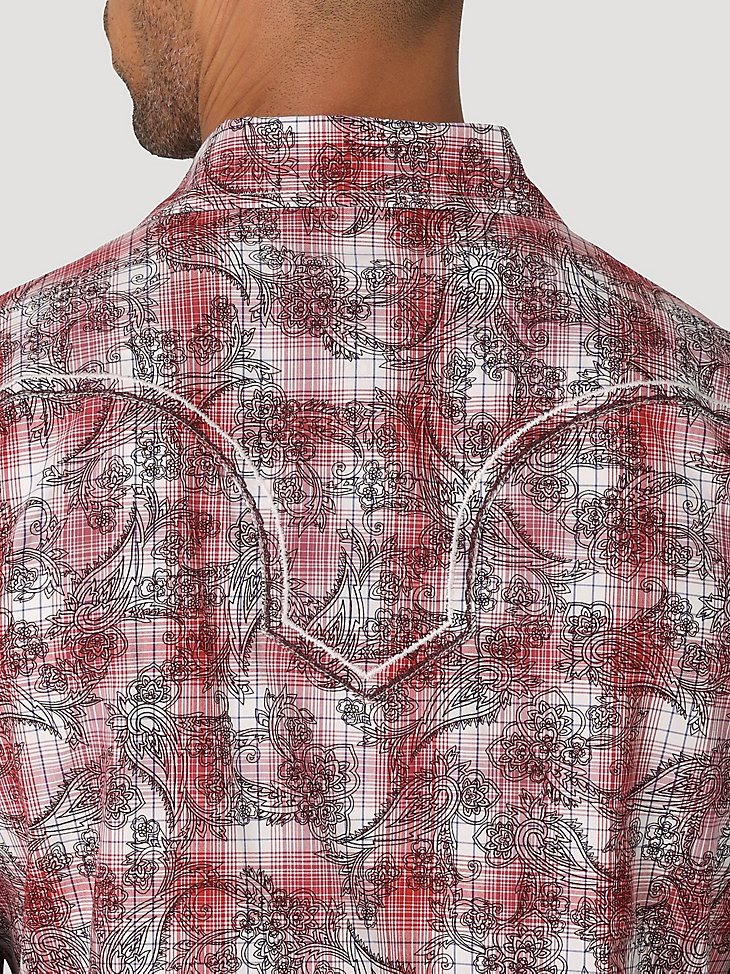 Men's Rock 47 by Wrangler Long Sleeve Western Snaps Overprint Shirt in Red Print