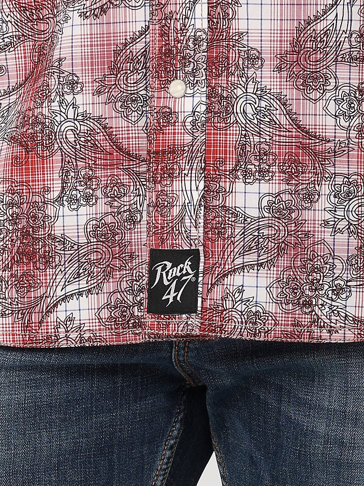 Men's Rock 47 by Wrangler Long Sleeve Western Snaps Overprint Shirt in Red Print