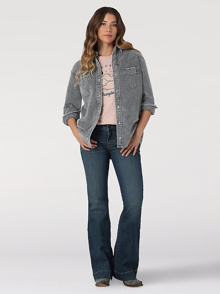 Women's Wrangler Corduroy Fade Western Snap Shirt in Grey