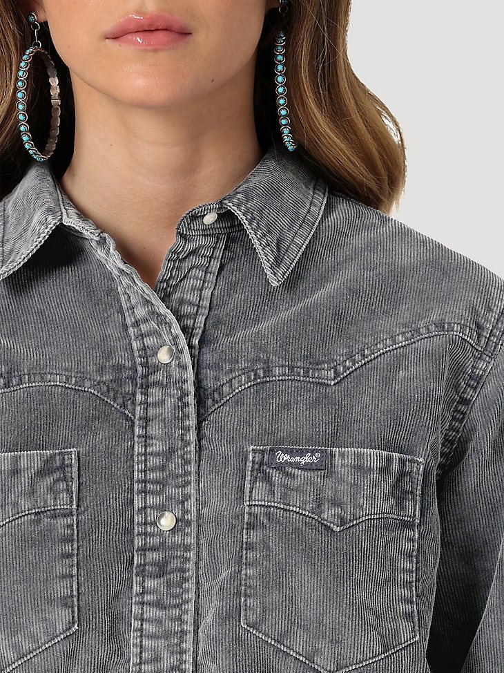 Women's Wrangler Corduroy Fade Western Snap Shirt in Grey