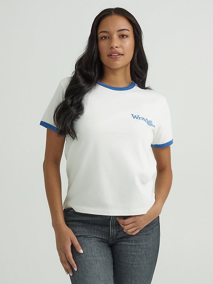 Women's Blue Jean Lady Ringer Tee in Worn White
