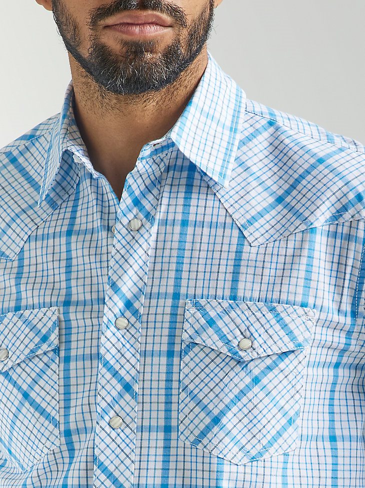 Men's 20X Competition Advanced Comfort Long Sleeve Two Pocket Western Snap Plaid Shirt in Baby Blue