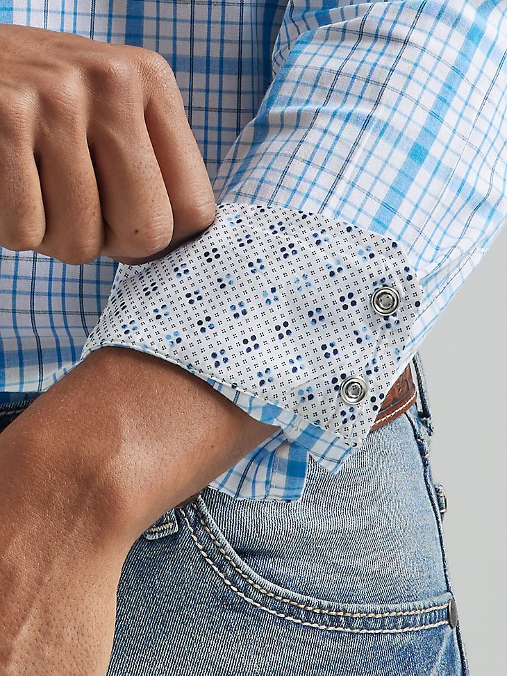Men's 20X Competition Advanced Comfort Long Sleeve Two Pocket Western Snap Plaid Shirt in Baby Blue
