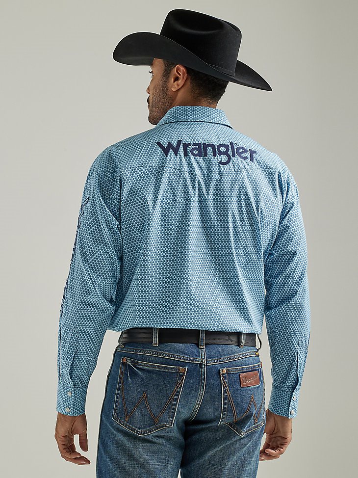 Men's Wrangler Logo Long Sleeve Western Snap Print Shirt in Dusty Aqua