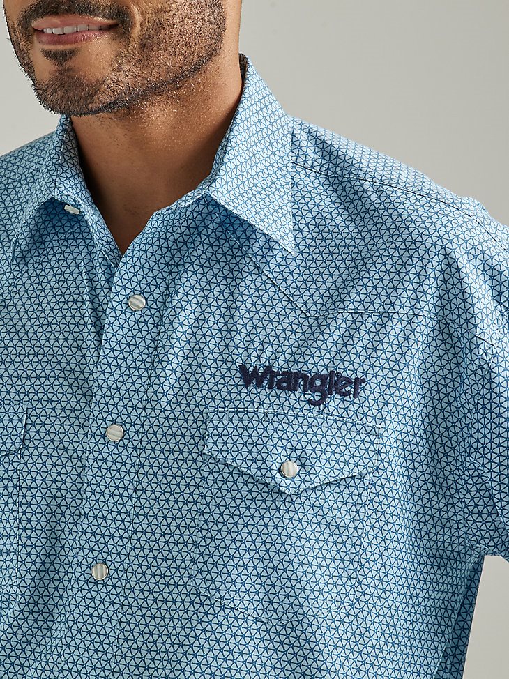 Men's Wrangler Logo Long Sleeve Western Snap Print Shirt in Dusty Aqua