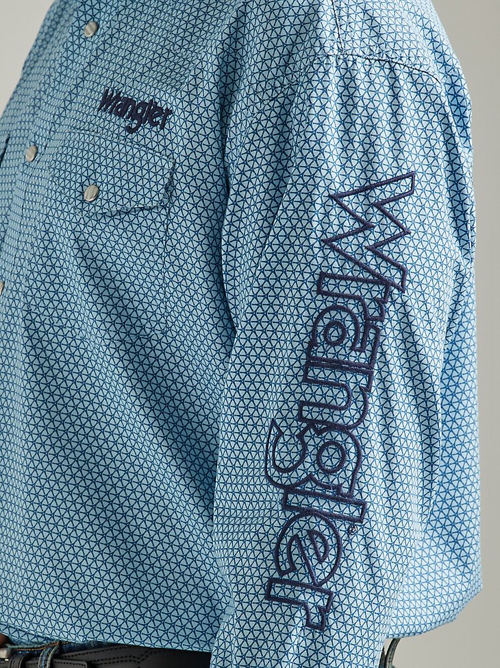 Men's Wrangler Logo Long Sleeve Western Snap Print Shirt in Dusty Aqua