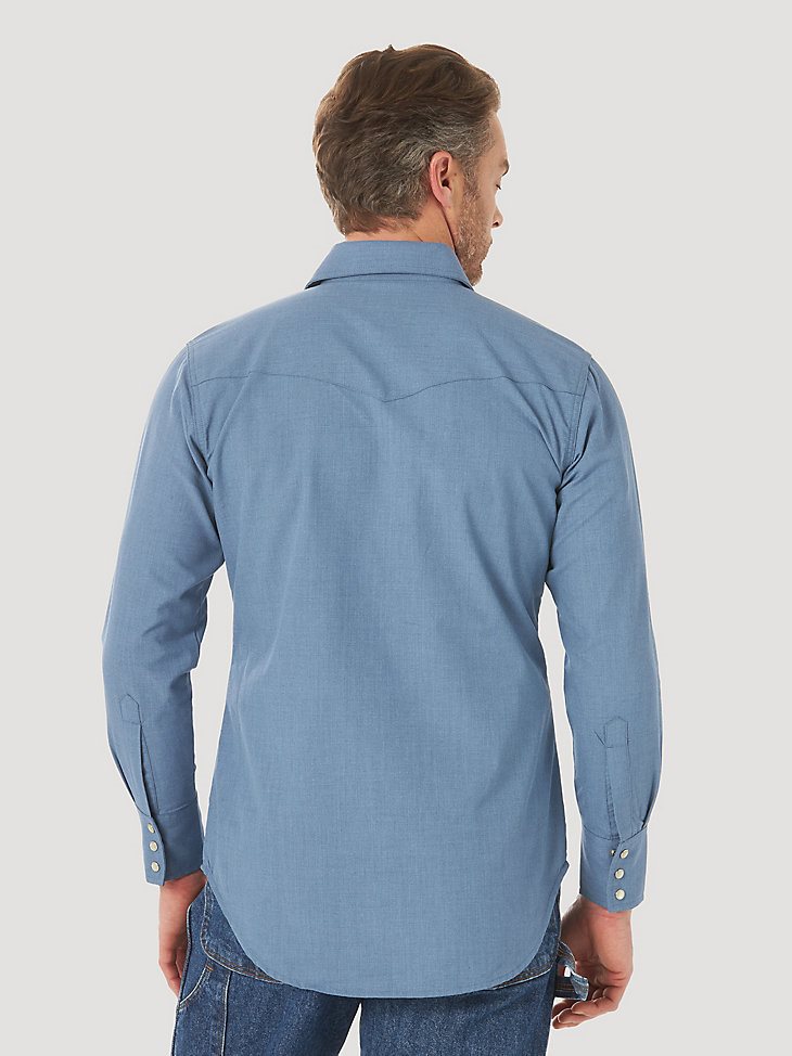 Men's Wrangler FR Flame Resistant Long Sleeve Western Snap Solid Shirt in Blue