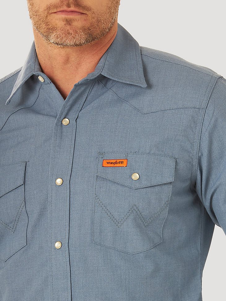 Men's Wrangler FR Flame Resistant Long Sleeve Western Snap Solid Shirt in Blue