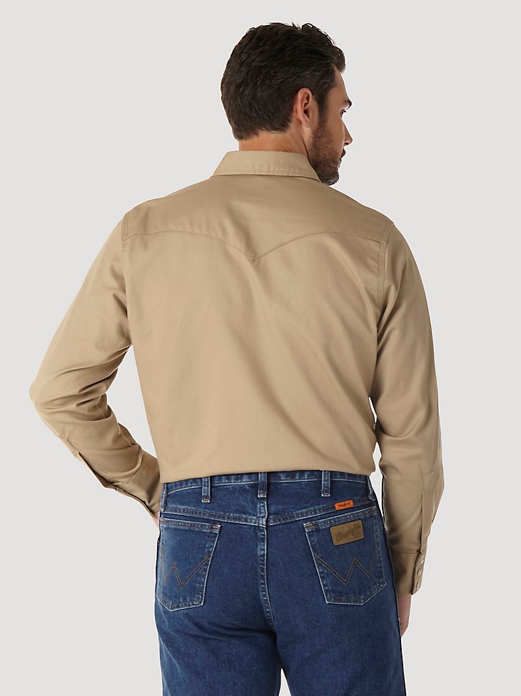 Wrangler FR Flame Resistant Long Sleeve Western Snap Solid Twill Work Shirt in Khaki
