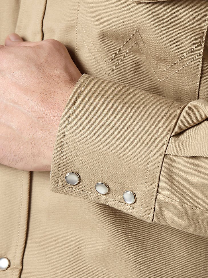 Wrangler FR Flame Resistant Long Sleeve Western Snap Solid Twill Work Shirt in Khaki