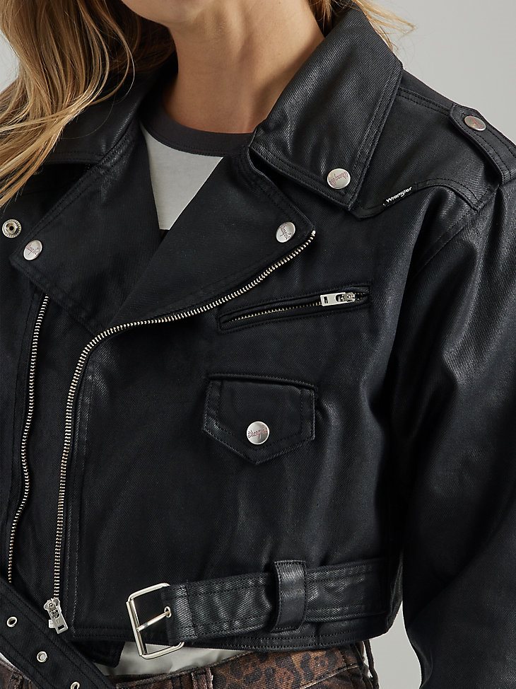 Wrangler x Fender Women's Crop Moto Jacket in Coated Black