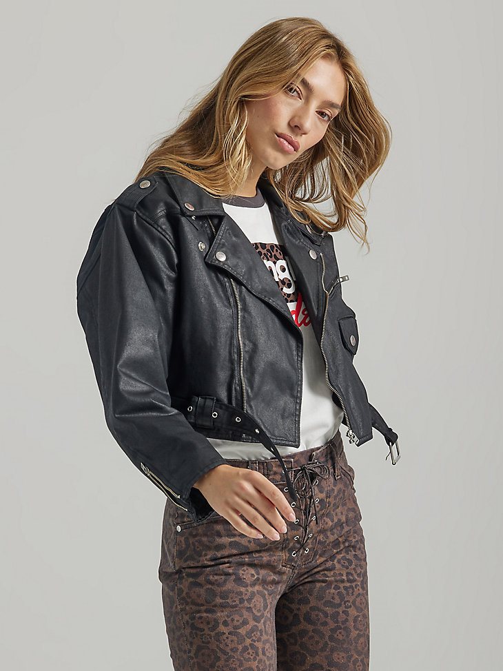 Wrangler x Fender Women's Crop Moto Jacket in Coated Black