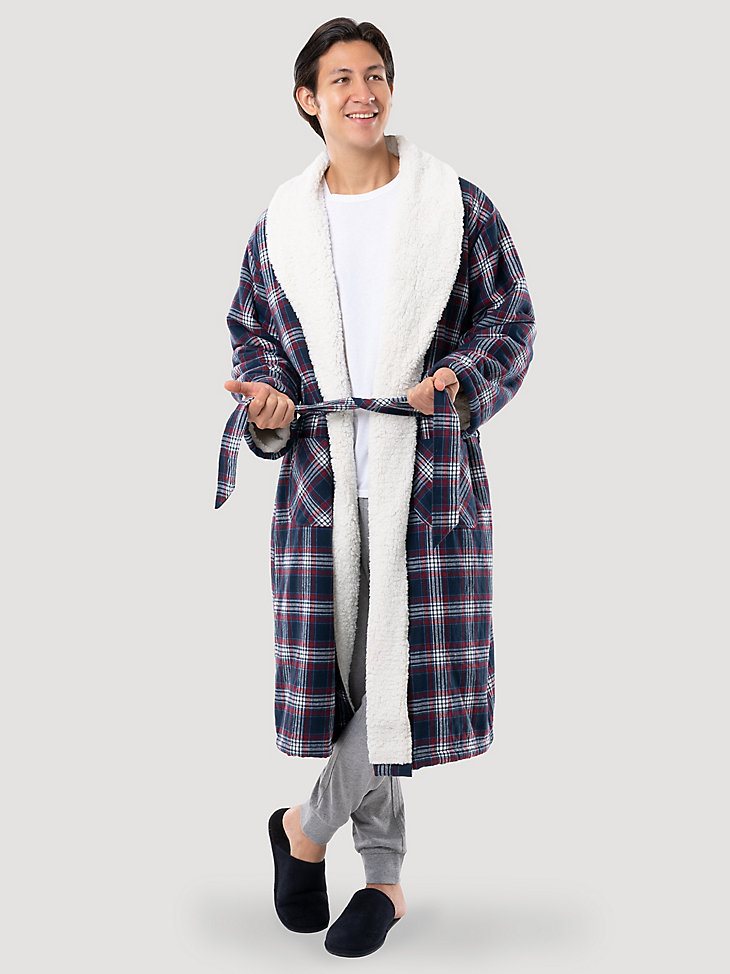 Plaid Flannel Sherpa Lined Robe in Dark Sapphire