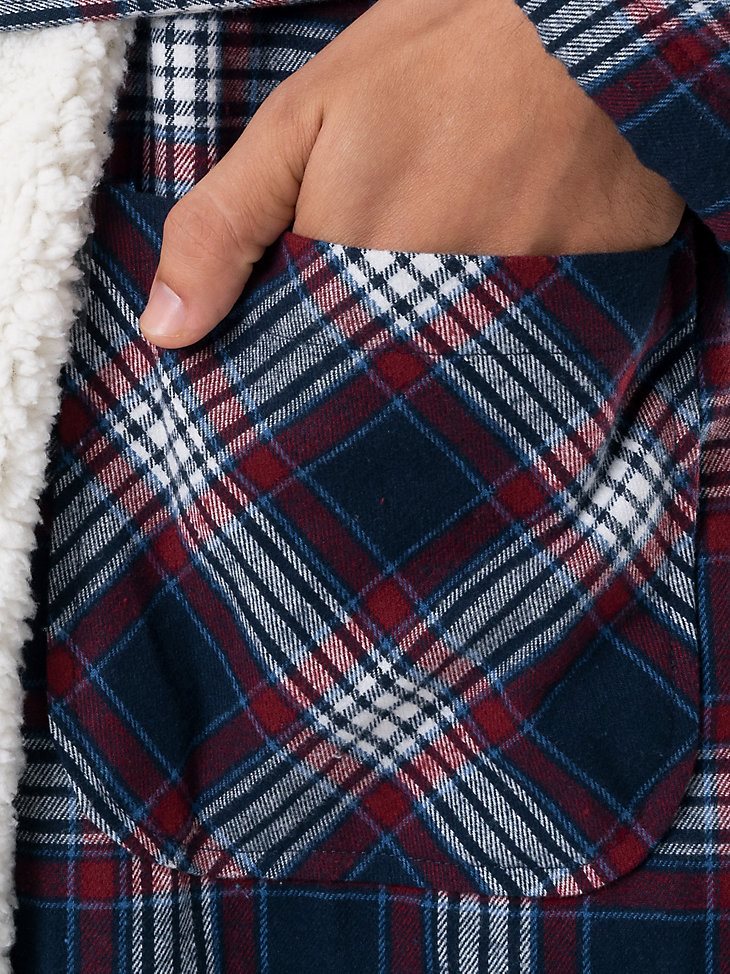 Plaid Flannel Sherpa Lined Robe in Dark Sapphire