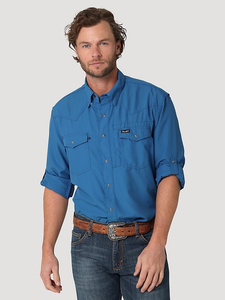 Men's Wrangler Performance Snap Long Sleeve Solid Shirt in High Tide
