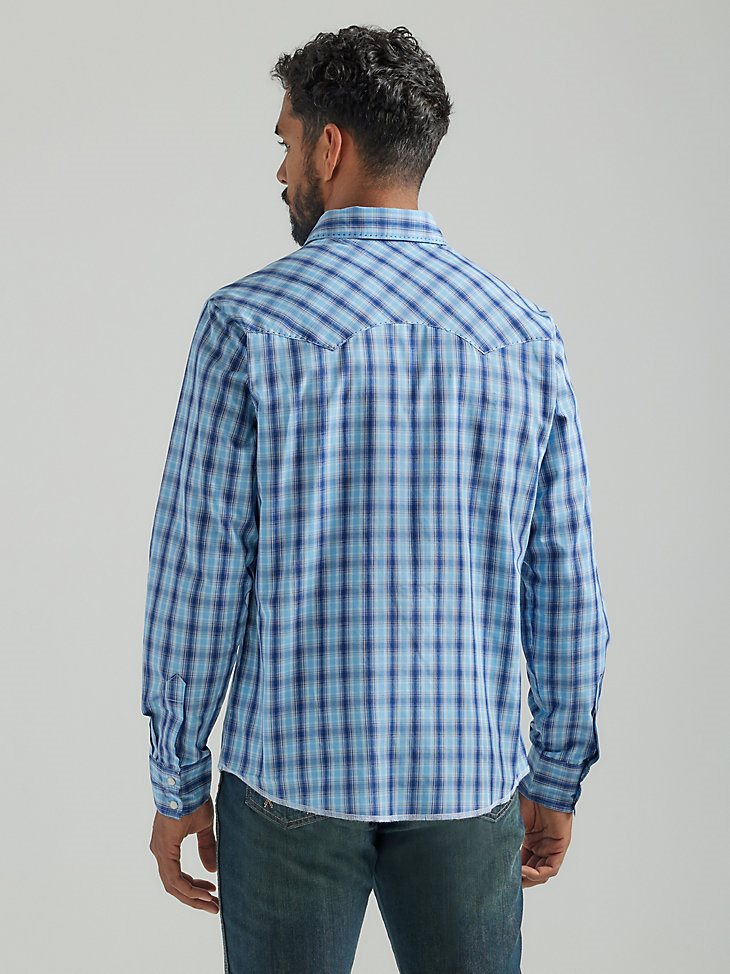 Men's Long Sleeve Fashion Western Snap Plaid Shirt in Navy Blue