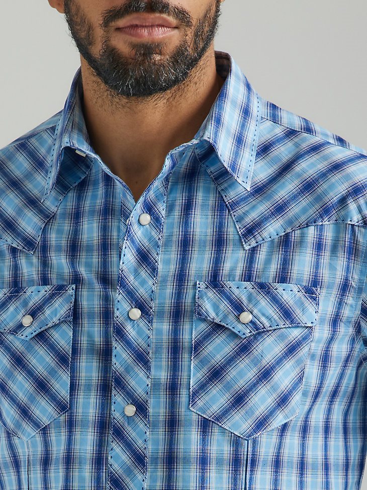 Men's Long Sleeve Fashion Western Snap Plaid Shirt in Navy Blue