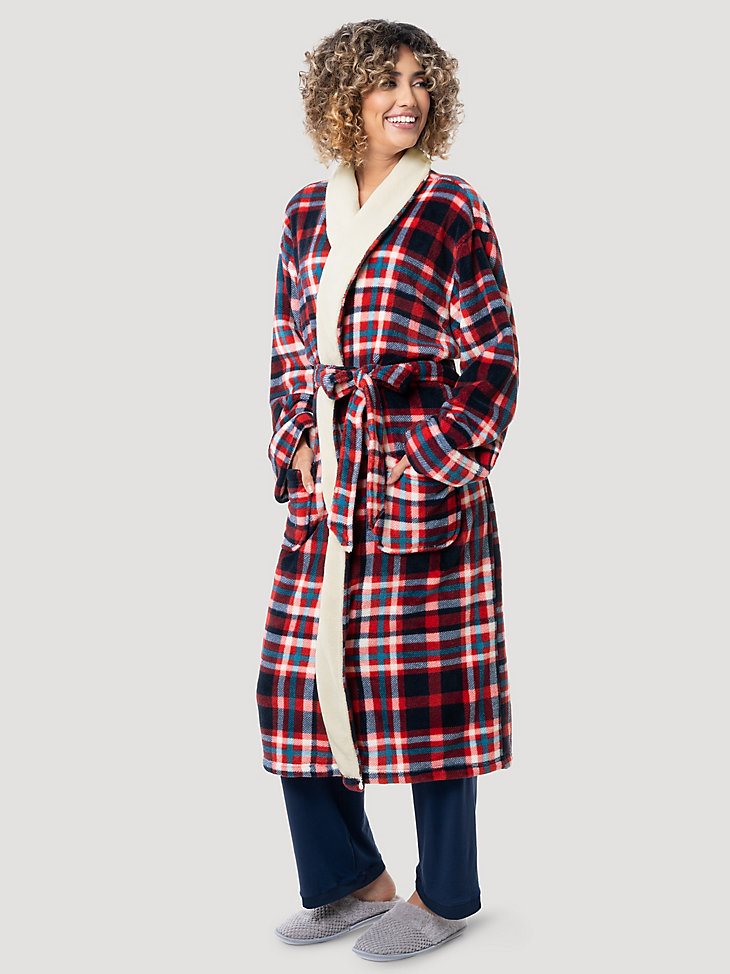 Plaid Flannel Sherpa Lined Robe in Red