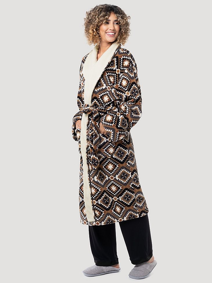 Flannel Printed Sherpa Lined Robe in Tan