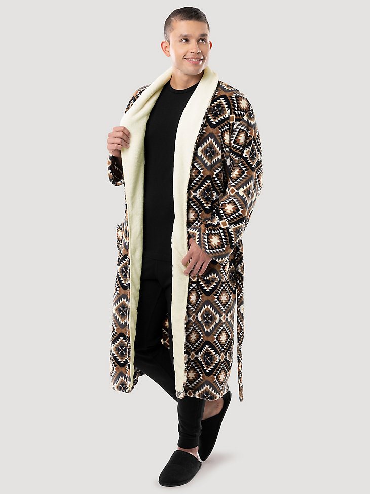 Flannel Printed Sherpa Lined Robe in Tan
