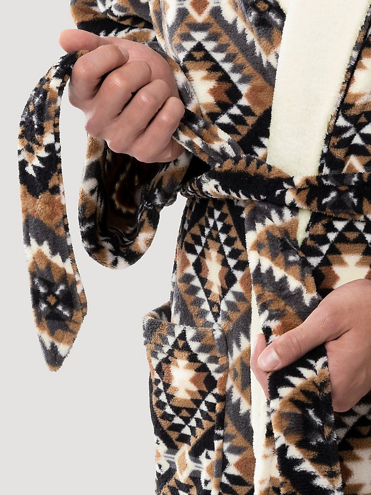 Flannel Printed Sherpa Lined Robe in Tan