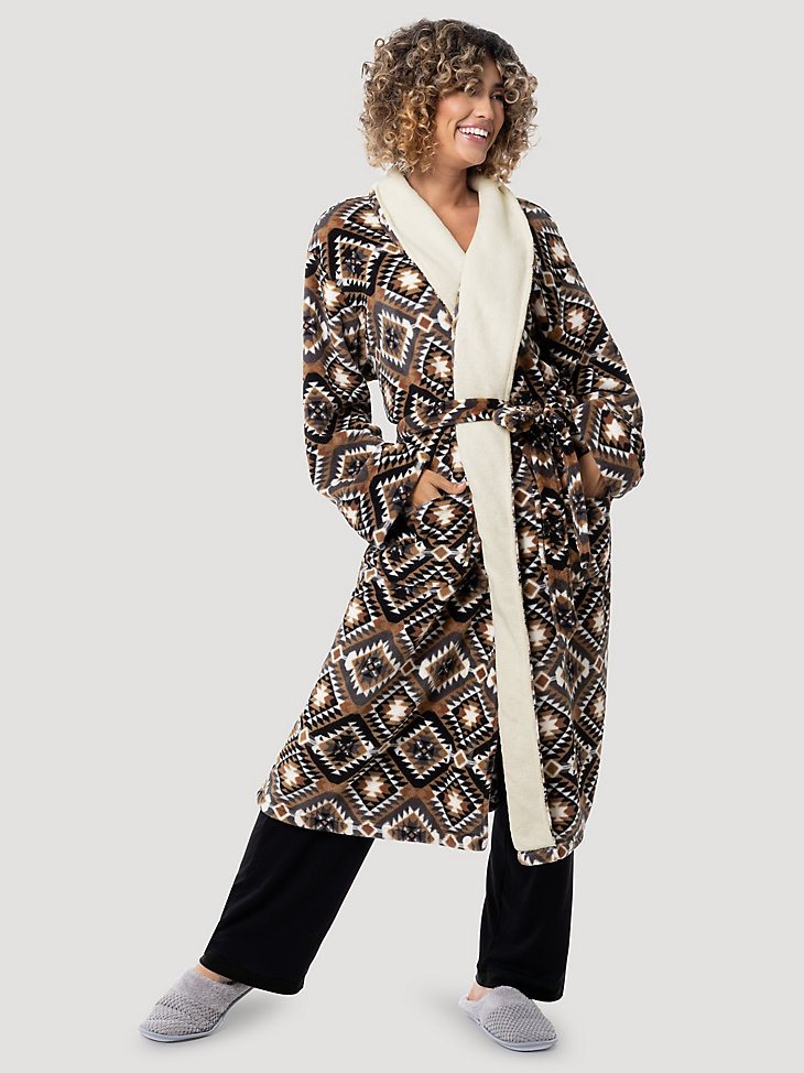 Flannel Printed Sherpa Lined Robe in Tan