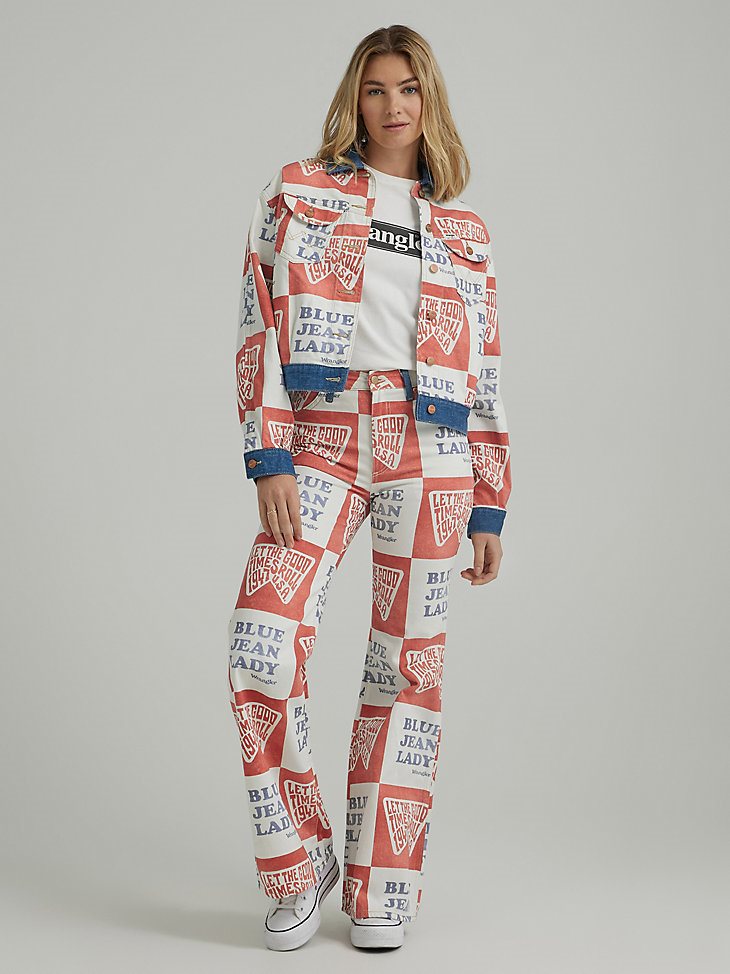 Women's Blue Jean Lady Printed Denim Jacket in Red White Blue