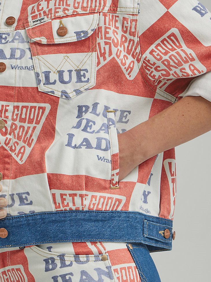 Women's Blue Jean Lady Printed Denim Jacket in Red White Blue