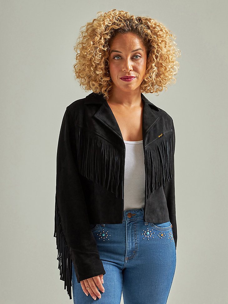 Women's Wrangler Retro Suede Fringe Jacket in Black