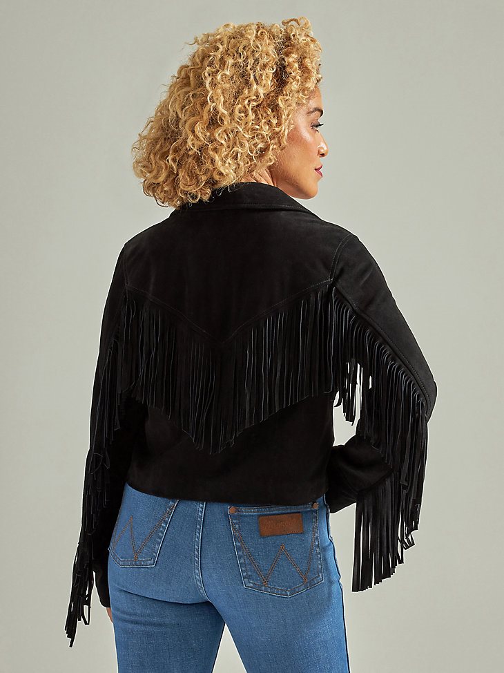 Women's Wrangler Retro Suede Fringe Jacket in Black