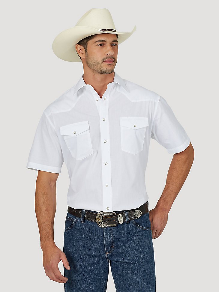 Men's Wrangler Short Sleeve Solid Western Snap Sport Shirt in White
